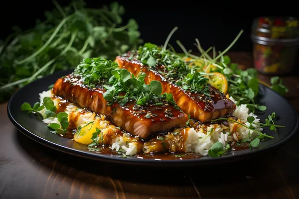 Треска в терияки с молодой зелёной луковой рассадой и гарниром из жареного бурого риса басмати с микрозеленью